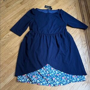 SHEIN X Navy Blue Mushroom Print Contrast Hem Dress 2XL NWT